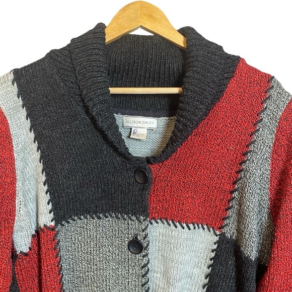Allison Daley‎ Patchwork Cardigan XL Red Black Gray Acrylic Wool Blend - Picture 2 of 12